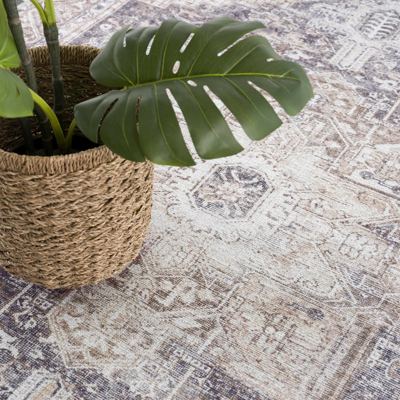 Vintage Style Ivory, Charcoal and Brown Traditional Medallion Design Machine Washable Area Rug - The Rug Decor