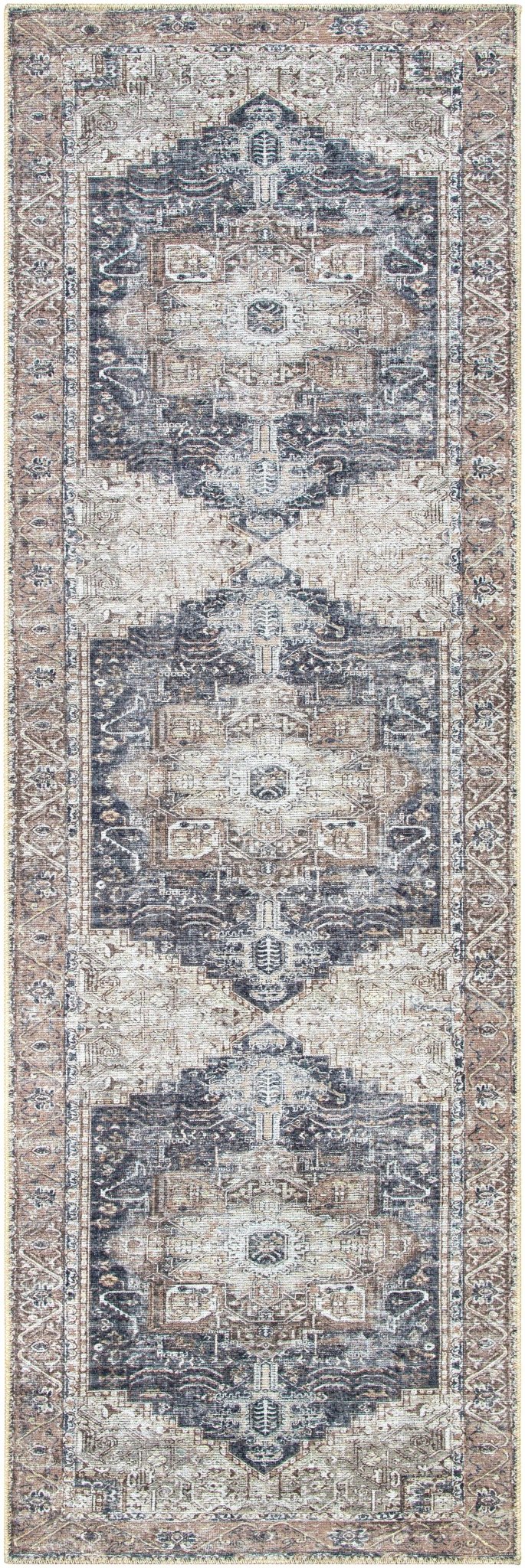 Vintage Style Ivory, Charcoal and Brown Traditional Medallion Design Machine Washable Area Rug - The Rug Decor