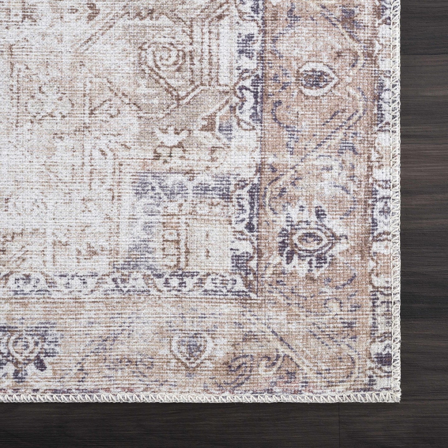 Vintage Style Ivory, Charcoal and Brown Traditional Medallion Design Machine Washable Area Rug - The Rug Decor