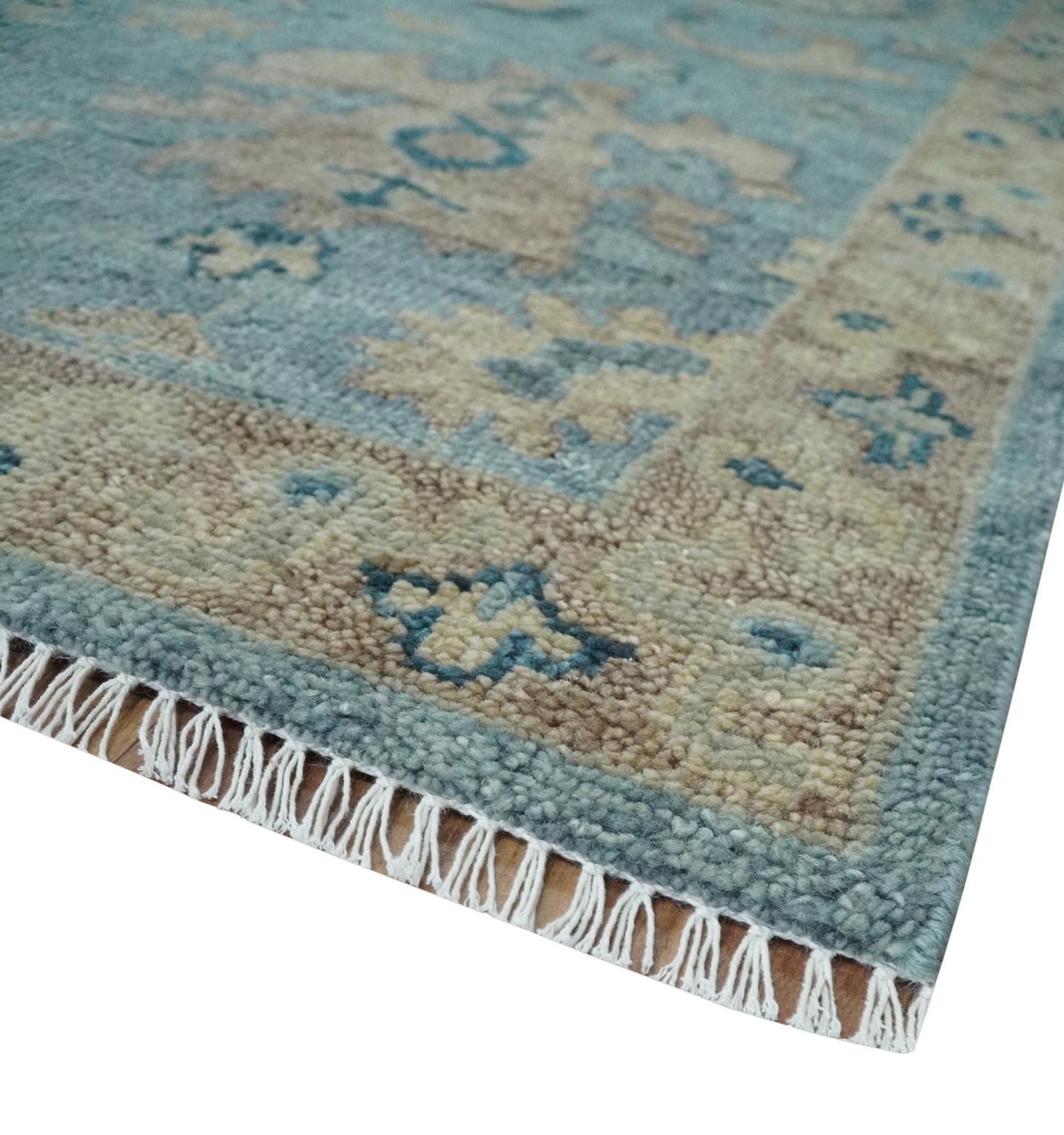 Vintage Style Light Blue and Brown Hand knotted Oushak Multi Size wool Area Rug - The Rug Decor