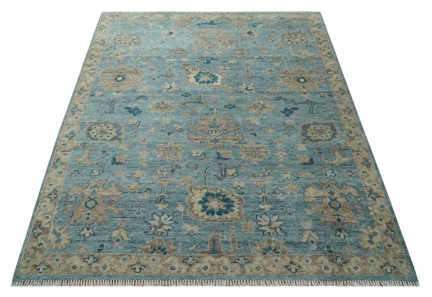 Vintage Style Light Blue and Brown Hand knotted Oushak Multi Size wool Area Rug - The Rug Decor