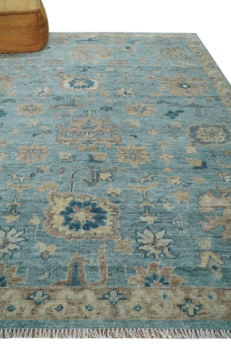 Vintage Style Light Blue and Brown Hand knotted Oushak Multi Size wool Area Rug - The Rug Decor