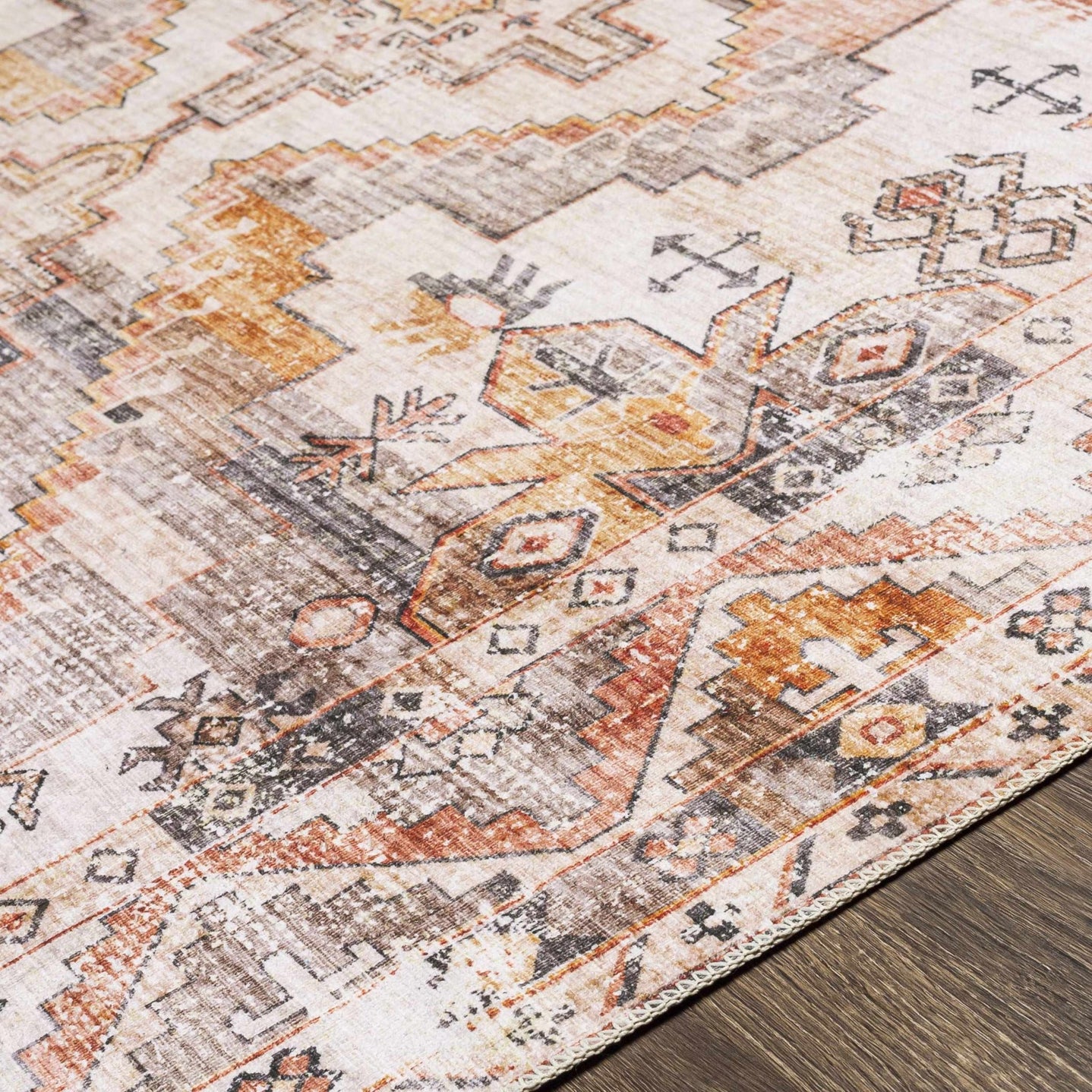 Vintage Style Machine woven Rust, Ivory, Charcoal and Gold Traditional Washable Area Rug - The Rug Decor