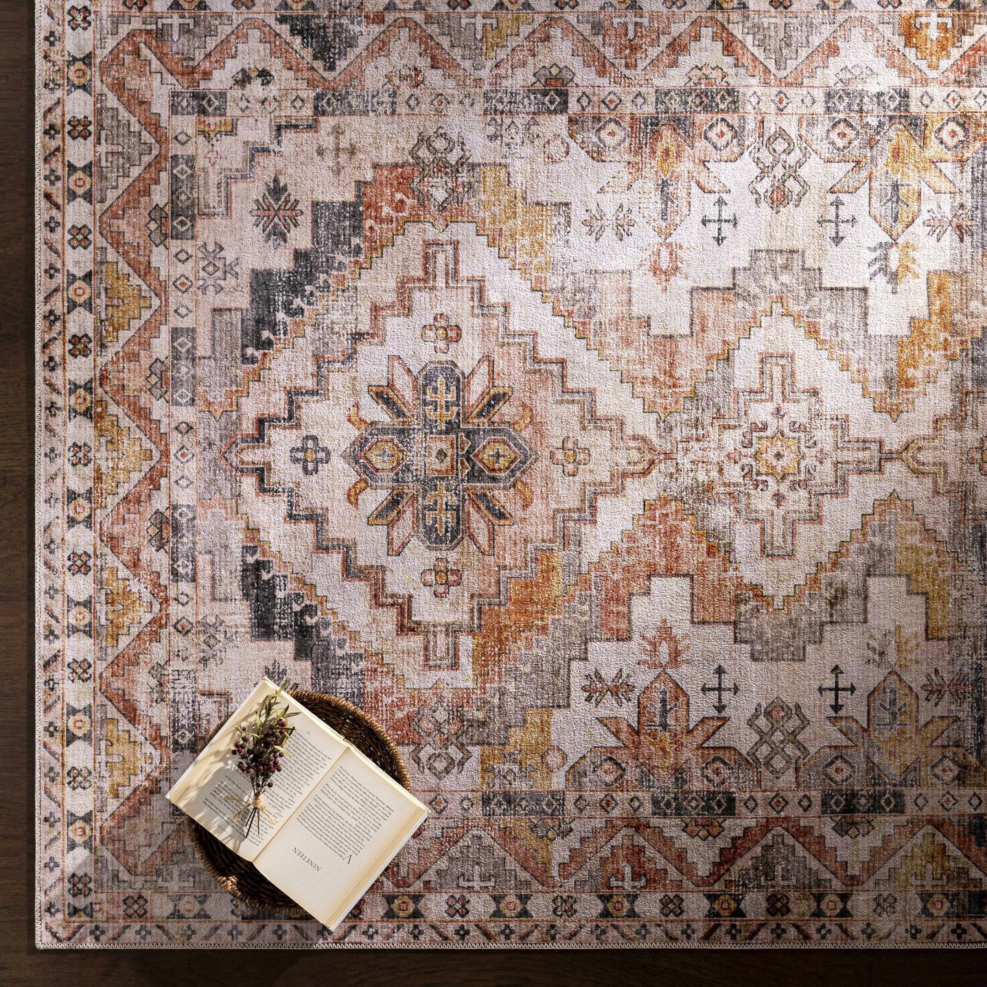 Vintage Style Machine woven Rust, Ivory, Charcoal and Gold Traditional Washable Area Rug - The Rug Decor