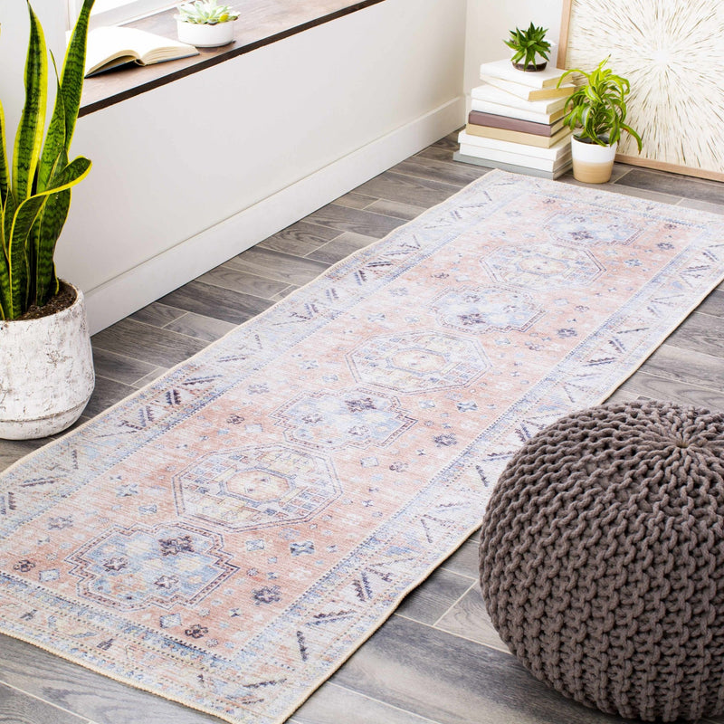 Vintage Style Peach, Blue and Charcoal Traditional Machine washable Area Rug - The Rug Decor