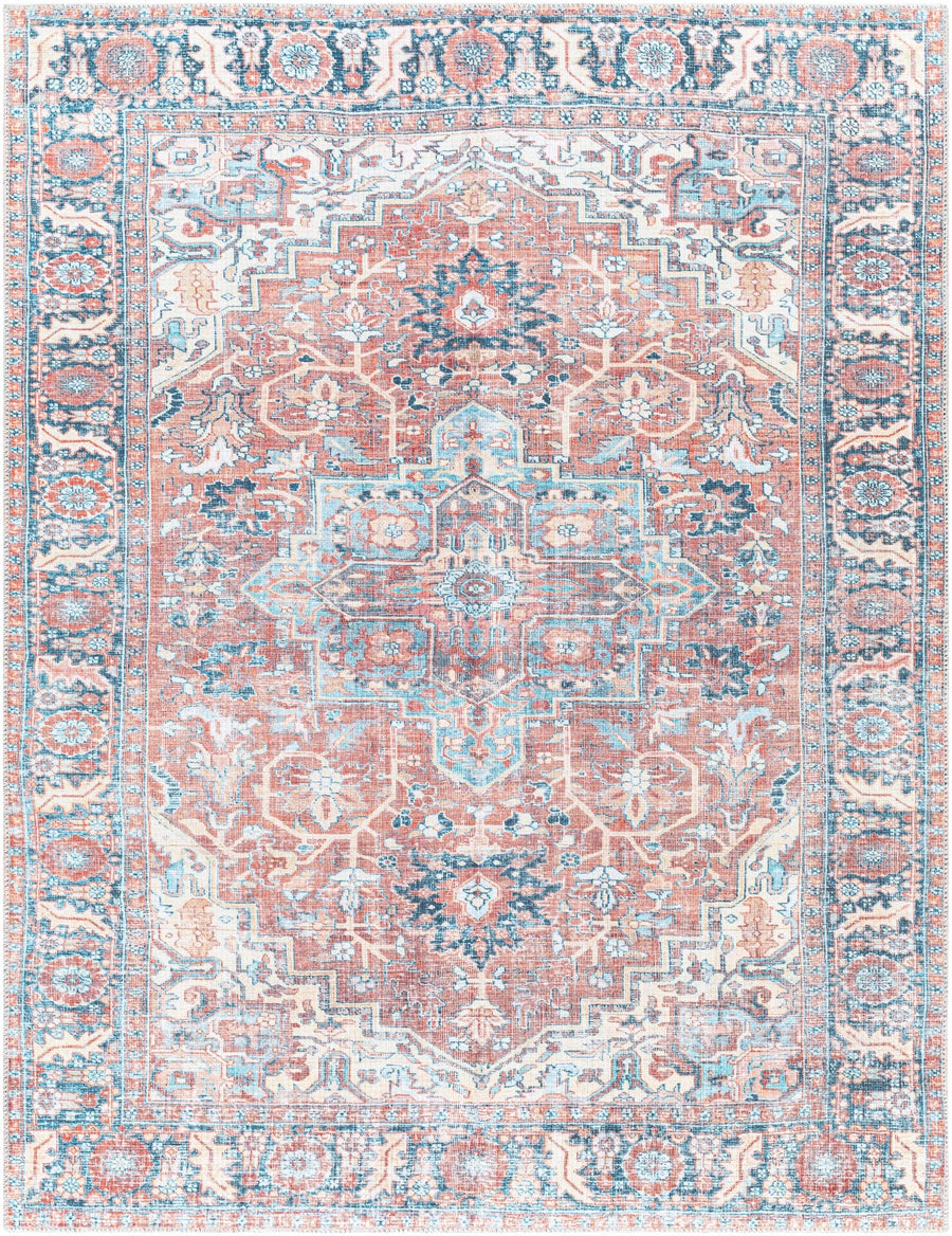 Vintage Style Rust, Aqua, Ivory and Blue Heriz Medallion Design Washable Area Rug - The Rug Decor
