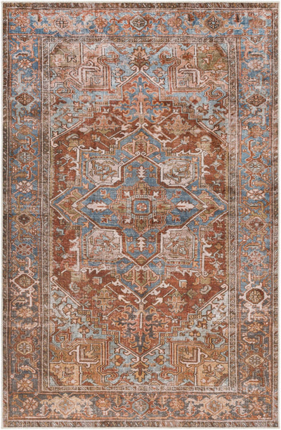 Vintage Style Rust, Blue and Ivory Traditional Medallion Washable Area Rug - The Rug Decor