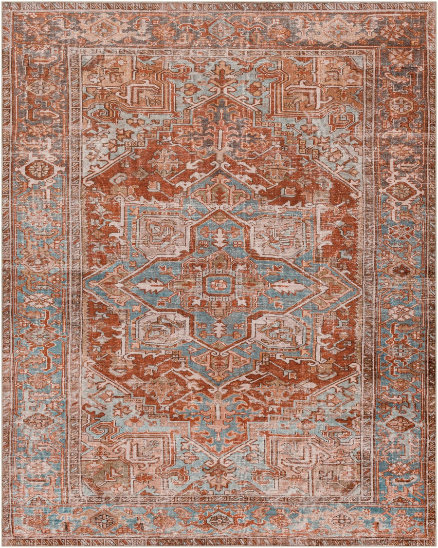 Vintage Style Rust, Blue and Ivory Traditional Medallion Washable Area Rug - The Rug Decor