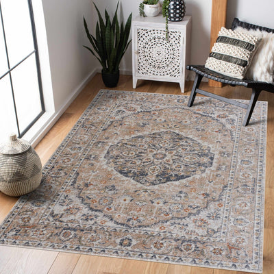 Vintage Style Tan, Silver and Charcoal Traditional Medallion Pattern Washable Area Rug - The Rug Decor