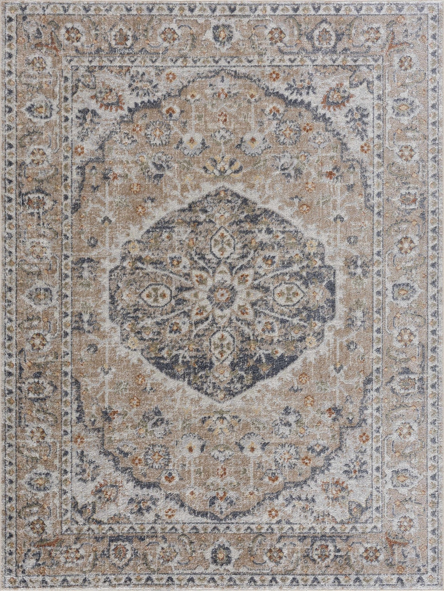 Vintage Style Tan, Silver and Charcoal Traditional Medallion Pattern Washable Area Rug - The Rug Decor