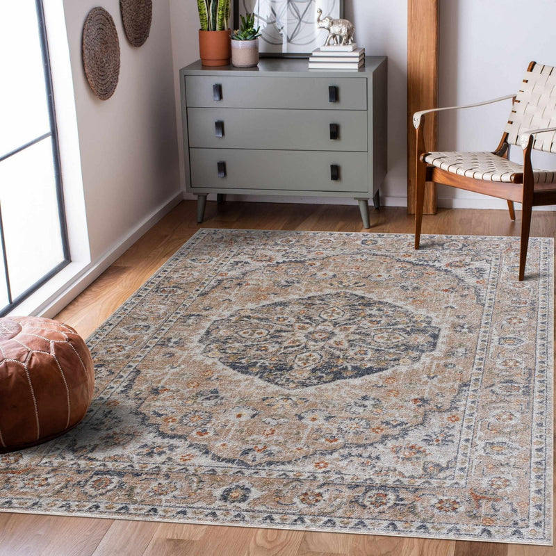 Vintage Style Tan, Silver and Charcoal Traditional Medallion Pattern Washable Area Rug - The Rug Decor
