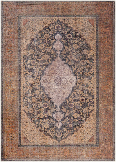 Vintage Style Traditional Floral Ivory, Charcoal, Tan and Rust washable Turkish Design Rug - The Rug Decor