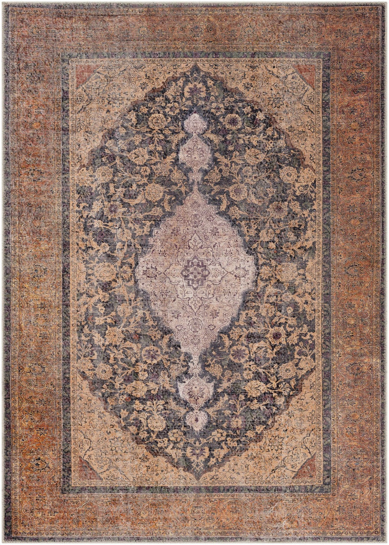 Vintage Style Traditional Floral Ivory, Charcoal, Tan and Rust washable Turkish Design Rug - The Rug Decor