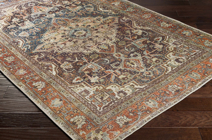Vintage Style Traditional Maroon, Blue, Beige and Rust Washable Turkish Rug - The Rug Decor