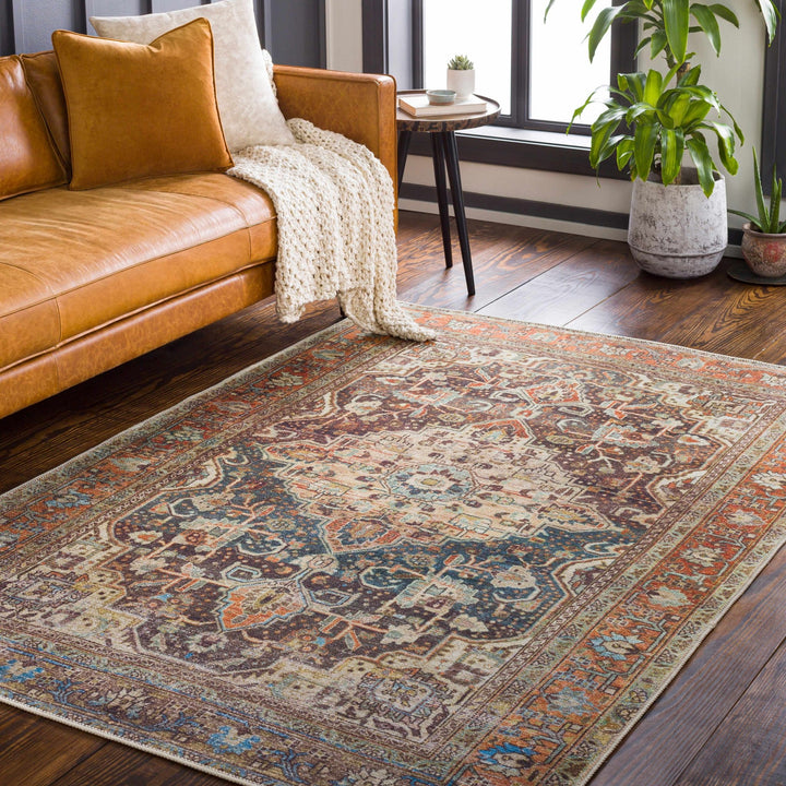 Vintage Style Traditional Maroon, Blue, Beige and Rust Washable Turkish Rug - The Rug Decor