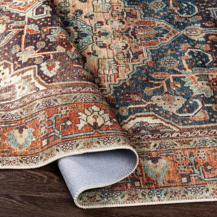 Vintage Style Traditional Maroon, Blue, Beige and Rust Washable Turkish Rug - The Rug Decor