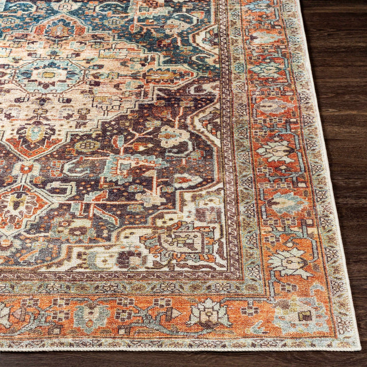 Vintage Style Traditional Maroon, Blue, Beige and Rust Washable Turkish Rug - The Rug Decor