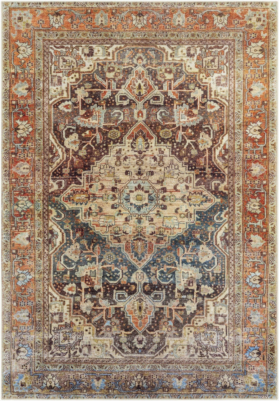 Vintage Style Traditional Maroon, Blue, Beige and Rust Washable Turkish Rug - The Rug Decor