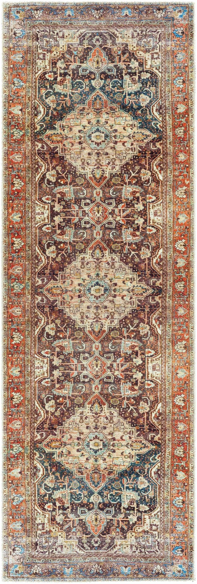 Vintage Style Traditional Maroon, Blue, Beige and Rust Washable Turkish Rug - The Rug Decor