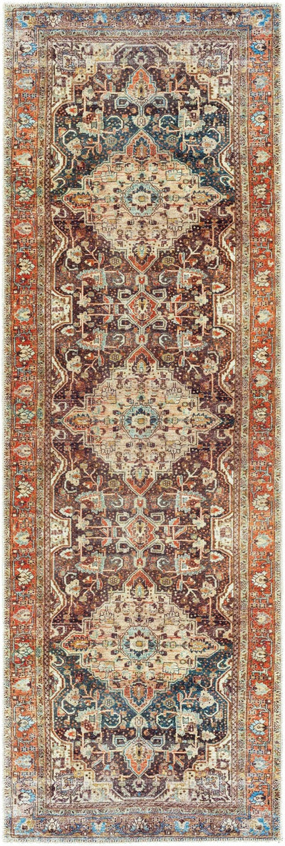 Vintage Style Traditional Maroon, Blue, Beige and Rust Washable Turkish Rug - The Rug Decor
