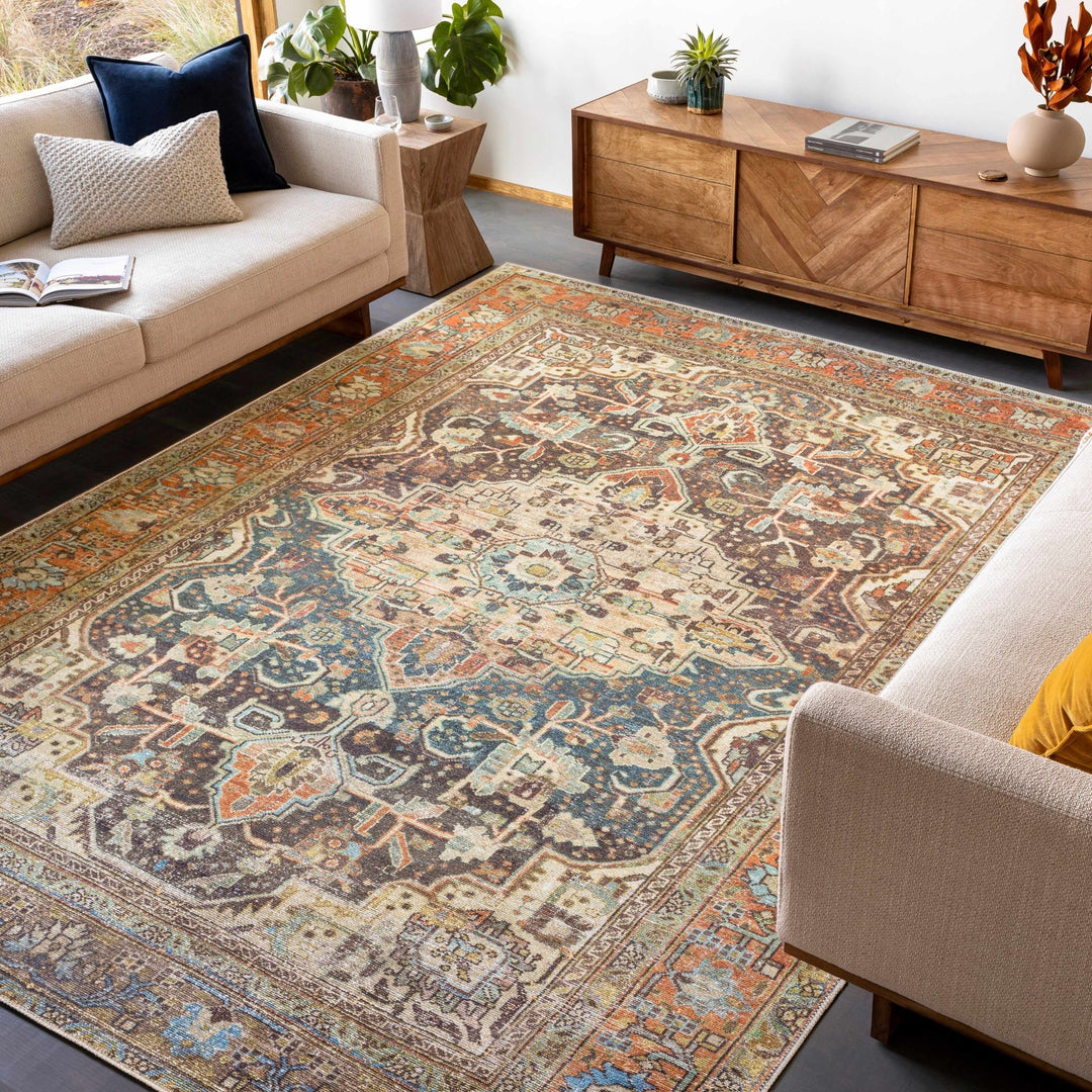 Vintage Style Traditional Maroon, Blue, Beige and Rust Washable Turkish Rug - The Rug Decor