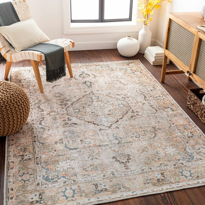 Vintage Style Traditional medallion Machine woven Rust, Charcoal and Silver Machine Washable Turkish Rug - The Rug Decor