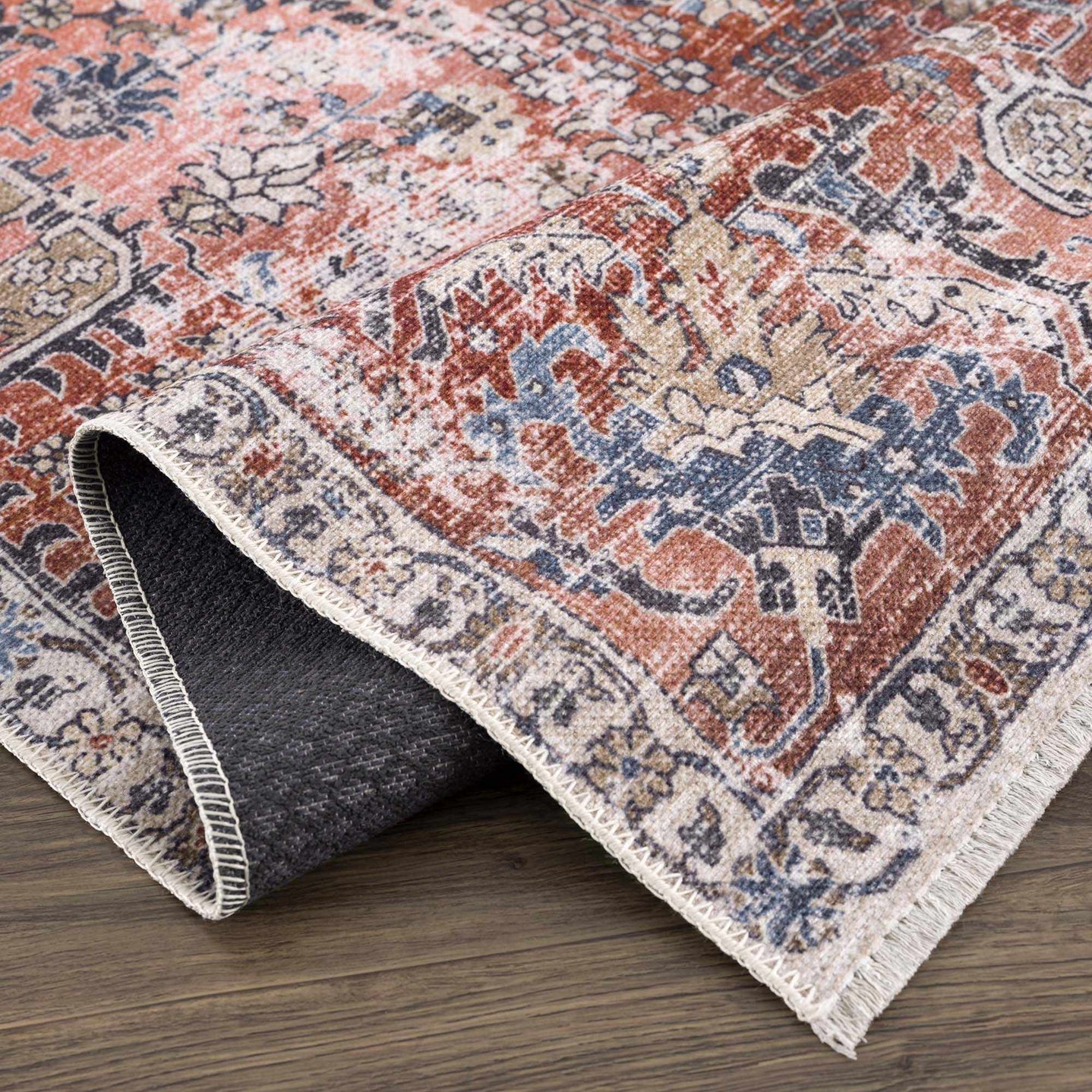 Vintage Style Turkish Antique Red, Brown and Blue Machine Washable Multi Size Area Rug - The Rug Decor