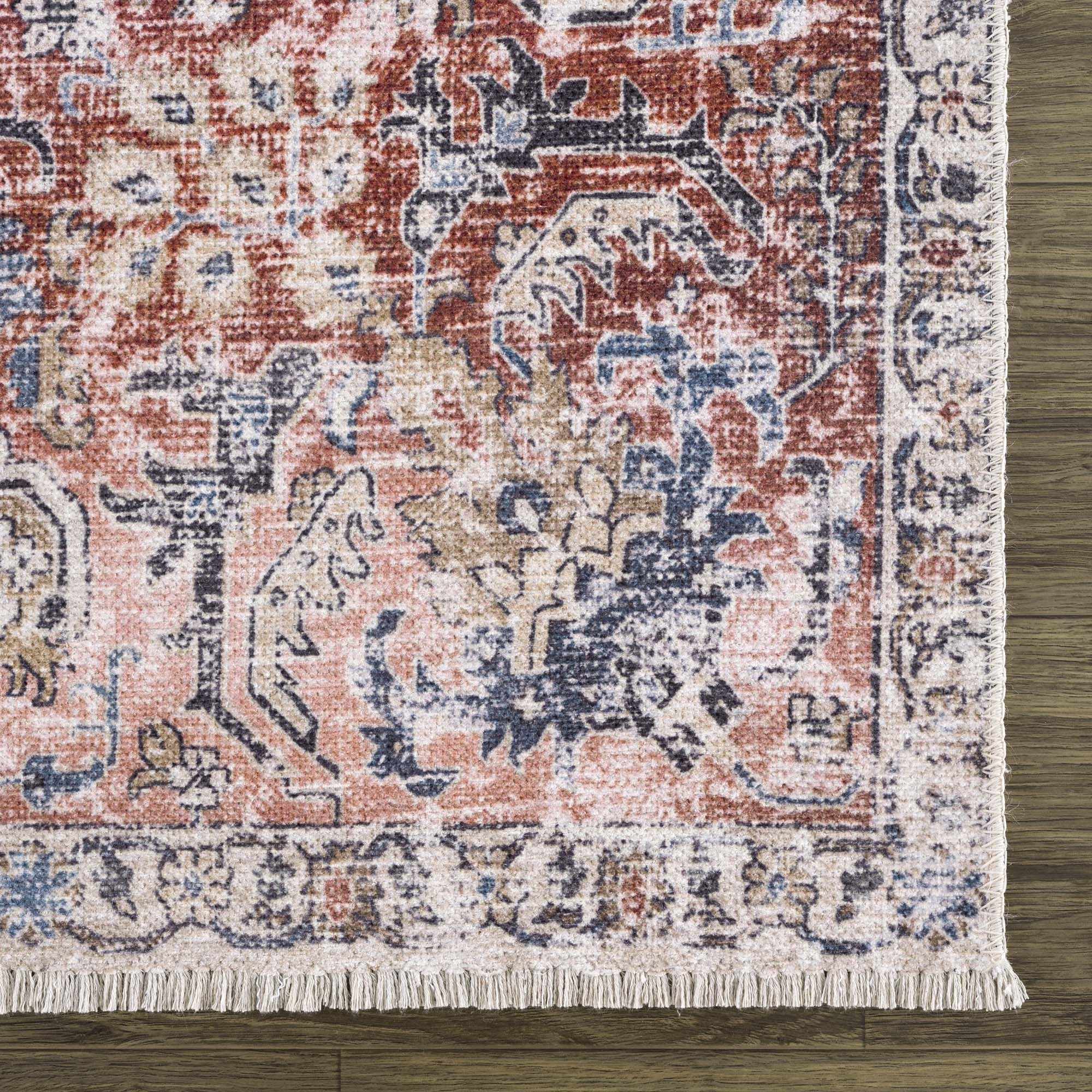 Vintage Style Antique Red, Brown and Blue Machine Washable Area