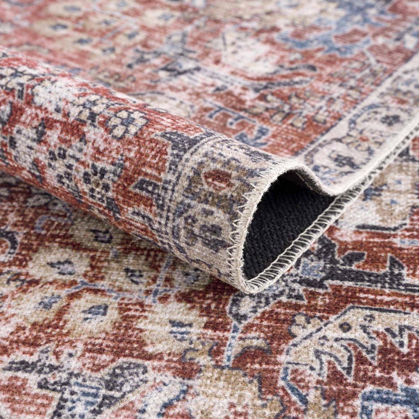 Vintage Style Turkish Antique Red, Brown and Blue Machine Washable Multi Size Area Rug - The Rug Decor