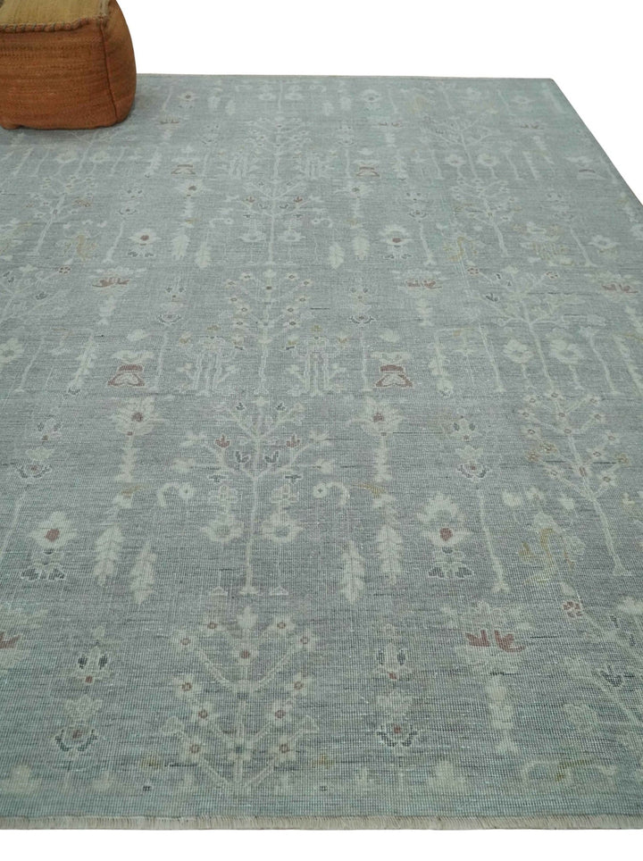 Vintage Texture, Low Pile Hand Knotted Silver and Ivory Traditional Oushak Multi Size Wool Area Rug - The Rug Decor