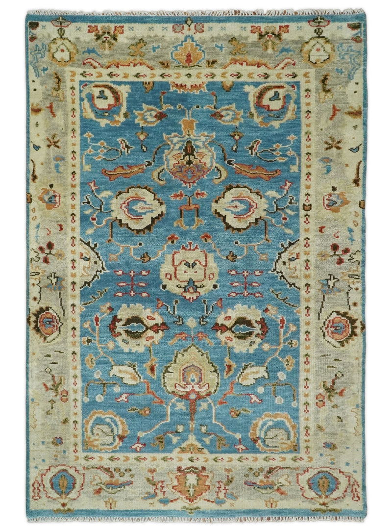 Wool 6x9 Blue and Beige Traditional Persian Oushak Antique Traditional Area Rug | TRDCP19969 - The Rug Decor