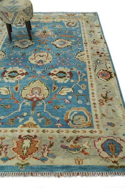 Wool 6x9 Blue and Beige Traditional Persian Oushak Antique Traditional Area Rug | TRDCP19969 - The Rug Decor