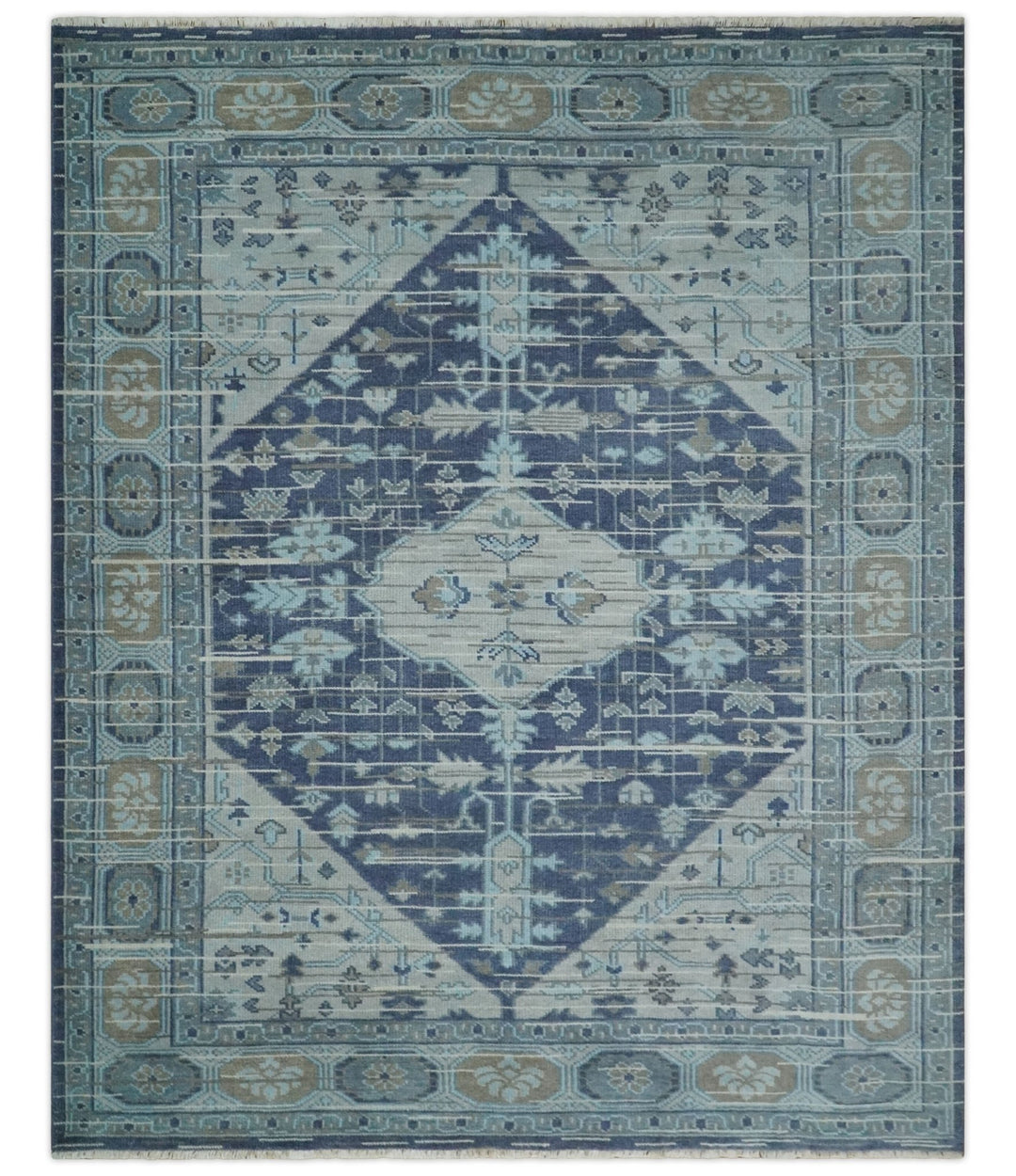 Woolen 8x10 Navy Blue and Beige Traditional Hand Knotted Wool Area Rug - The Rug Decor