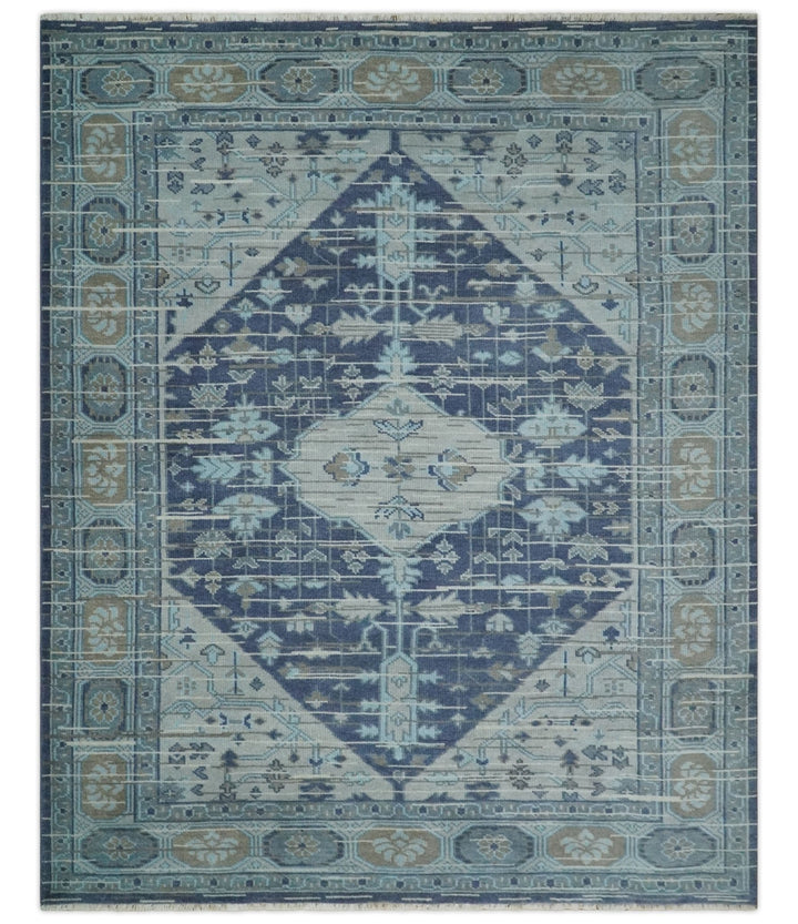 Woolen 8x10 Navy Blue and Beige Traditional Hand Knotted Wool Area Rug - The Rug Decor