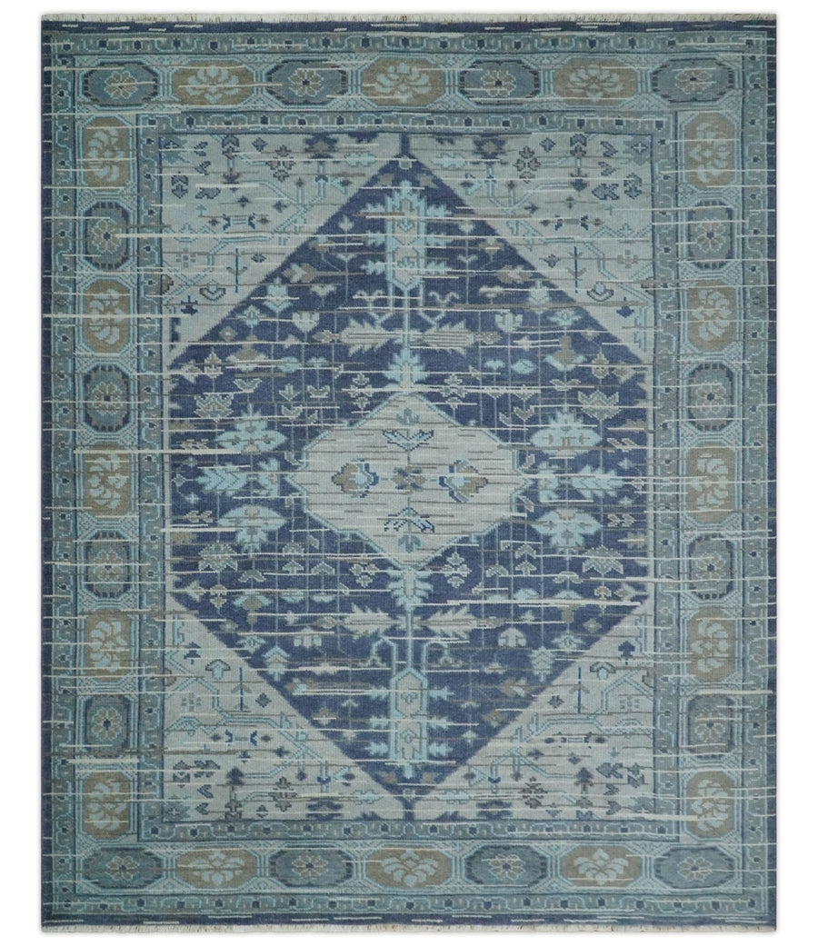 Woolen 8x10 Navy Blue and Beige Traditional Hand Knotted Wool Area Rug - The Rug Decor