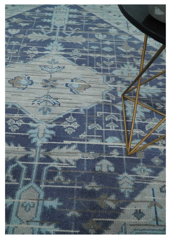 Woolen 8x10 Navy Blue and Beige Traditional Hand Knotted Wool Area Rug - The Rug Decor