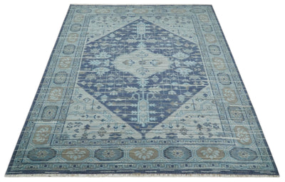 Woolen 8x10 Navy Blue and Beige Traditional Hand Knotted Wool Area Rug - The Rug Decor