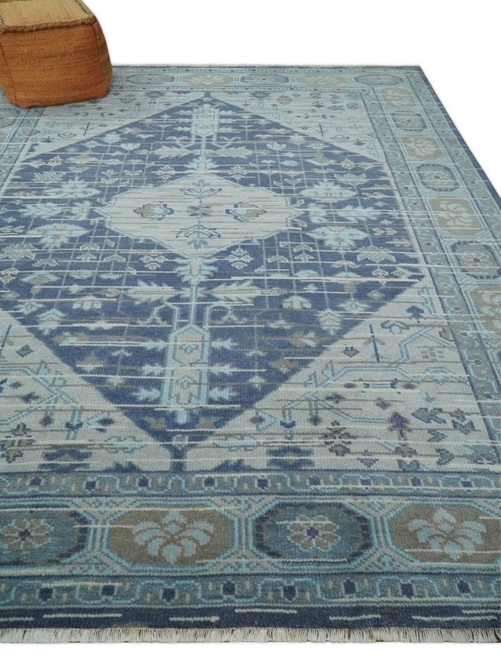 Woolen 8x10 Navy Blue and Beige Traditional Hand Knotted Wool Area Rug - The Rug Decor
