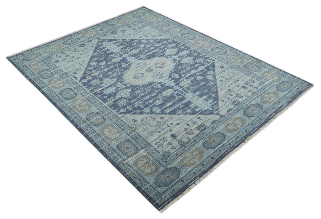 Woolen 8x10 Navy Blue and Beige Traditional Hand Knotted Wool Area Rug - The Rug Decor