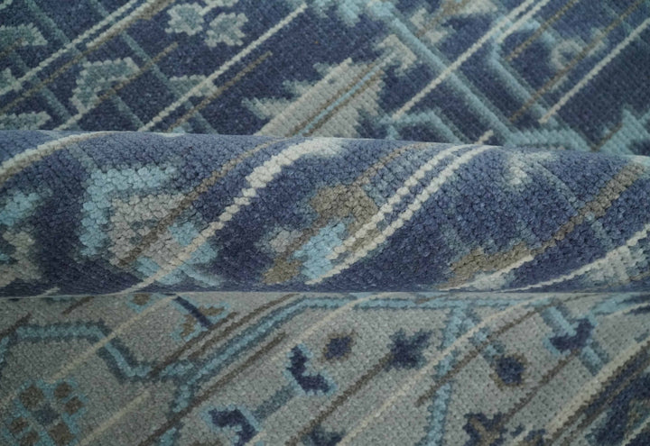 Woolen 8x10 Navy Blue and Beige Traditional Hand Knotted Wool Area Rug - The Rug Decor