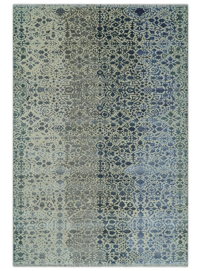 Woolen Modern Contemporray 7x10 Wool Beige, Blue and Silver Hand knotted Area Rug | TRDCP1290 - The Rug Decor