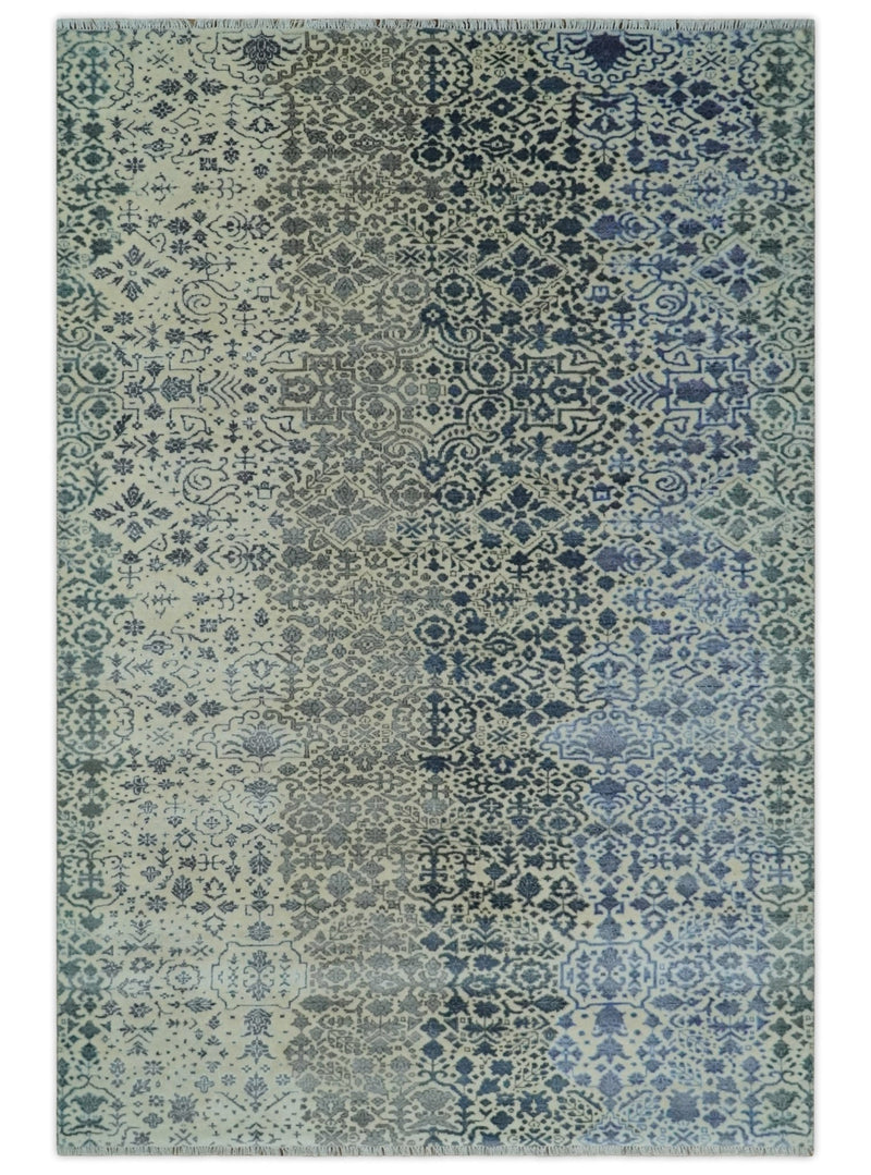 Woolen Modern Contemporray 7x10 Wool Beige, Blue and Silver Hand knotted Area Rug | TRDCP1290 - The Rug Decor