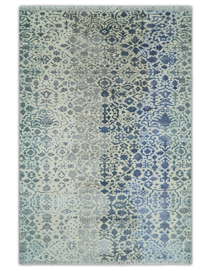 Woolen Modern Contemporray 7x10 Wool Beige, Blue and Silver Hand knotted Area Rug | TRDCP1290 - The Rug Decor