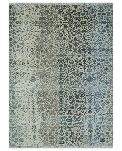 Woolen Modern Contemporray 7x10 Wool Beige, Blue and Silver Hand knotted Area Rug | TRDCP1290 - The Rug Decor