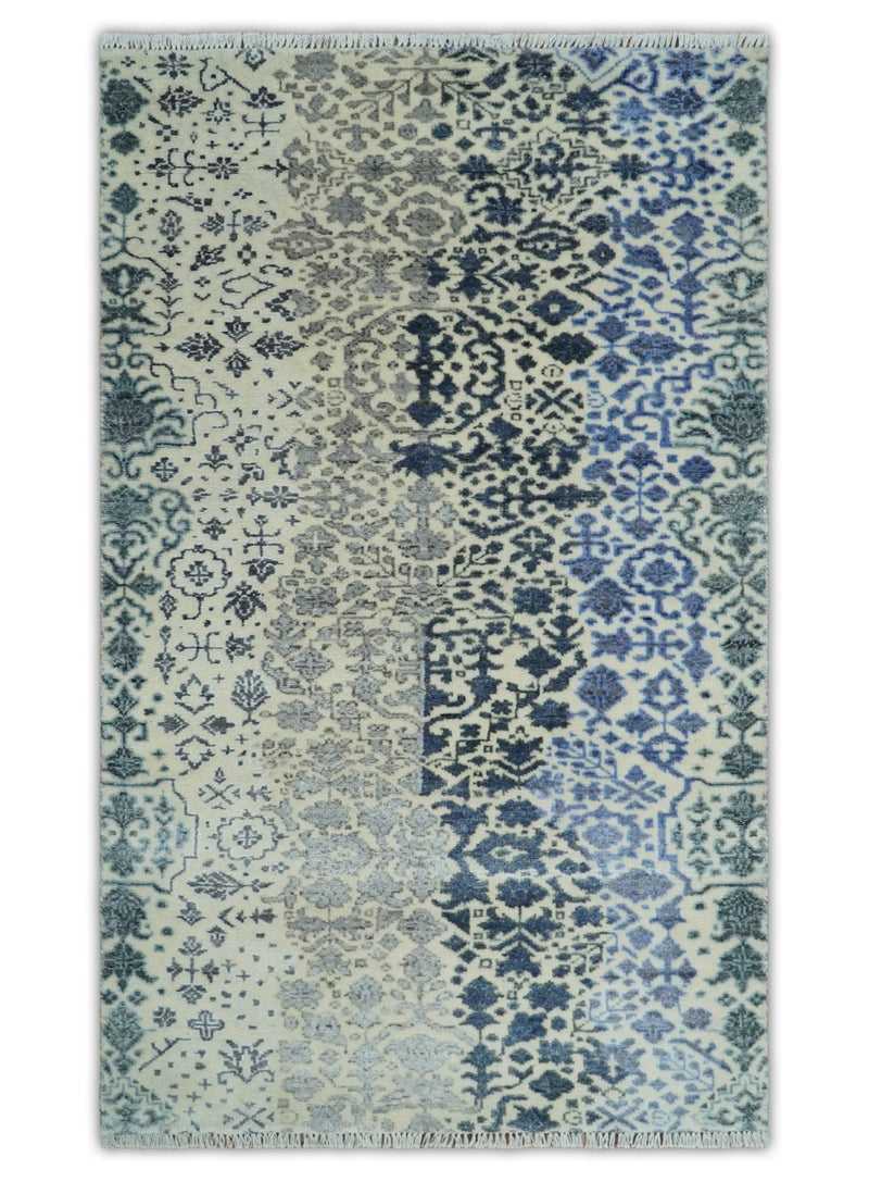 Woolen Modern Contemporray 7x10 Wool Beige, Blue and Silver Hand knotted Area Rug | TRDCP1290 - The Rug Decor