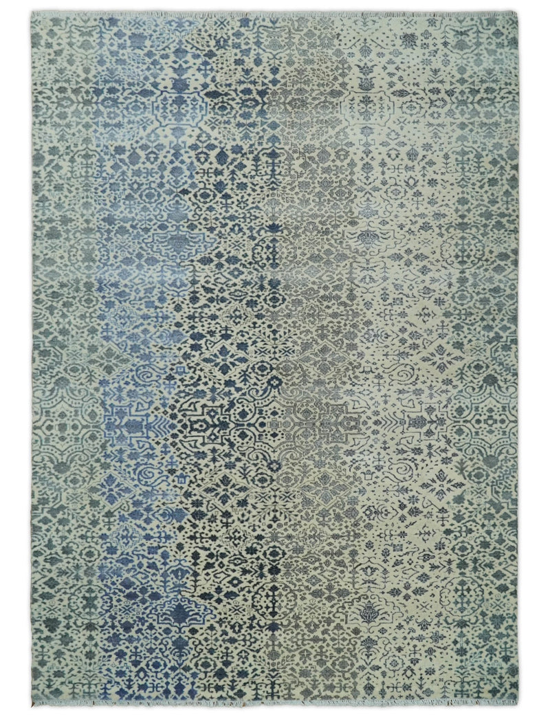 Woolen Modern Contemporray 7x10 Wool Beige, Blue and Silver Hand knotted Area Rug | TRDCP1290710 - The Rug Decor