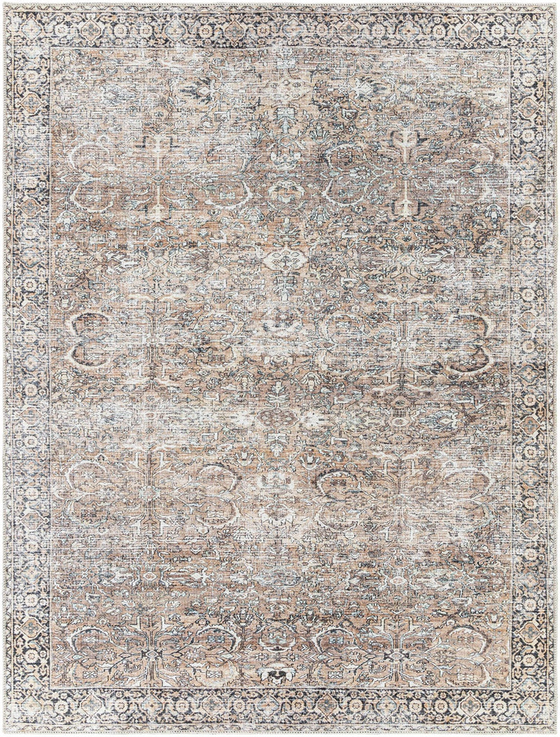 Woven Brown, Ivory and Charcoal Traditional Floral Washable Turkish Rug - The Rug Decor