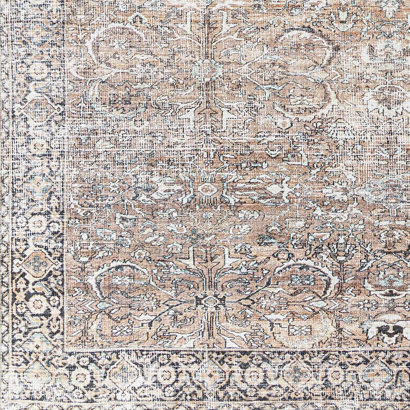 Woven Brown, Ivory and Charcoal Traditional Floral Washable Turkish Rug - The Rug Decor