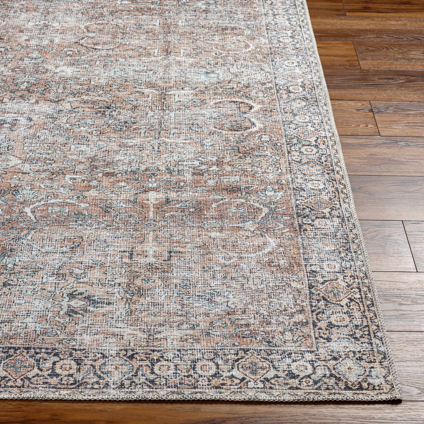 Woven Brown, Ivory and Charcoal Traditional Floral Washable Turkish Rug - The Rug Decor